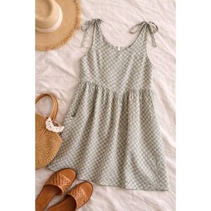 Rylee + Cru Gingham Mini Dress L Sage Green Linen Blend Tie Strap Cottagecore